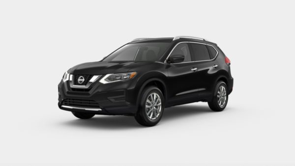 A black nissan rogue is parked on the street.
